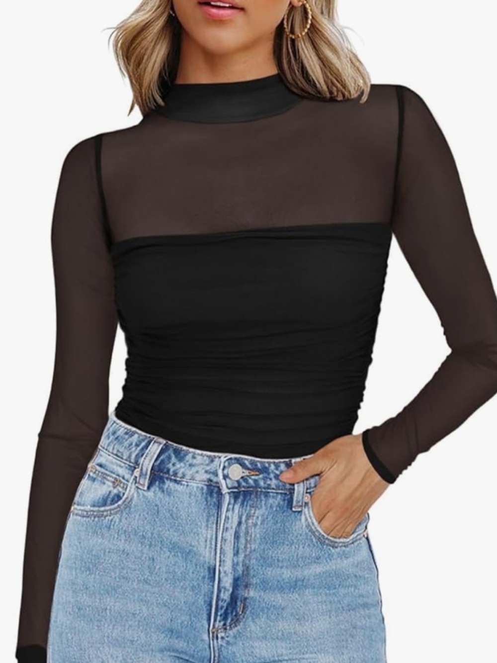 NWT Zeagoo Black Sheer Mesh Mock Turtle Neck Ruched Long Sleeve Top